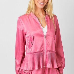 MYSTREE Pink Satin Pleated Zip-Up Jacket, Luxe Silky Bomber Style Top, Peplum